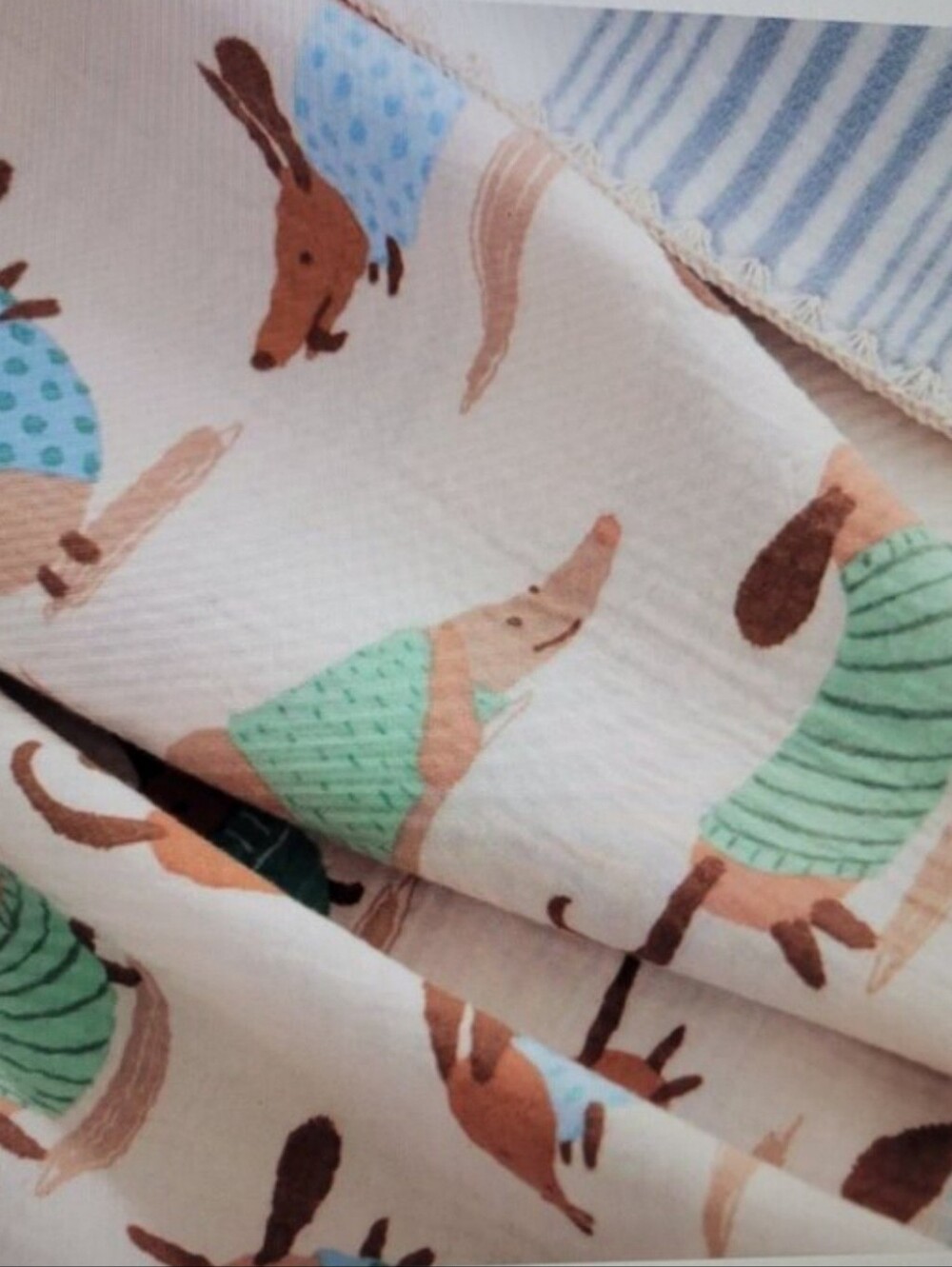 Cotton Gauze Throw Blanket - Blue, Cream Dachshund Print - Picture 6 of 7